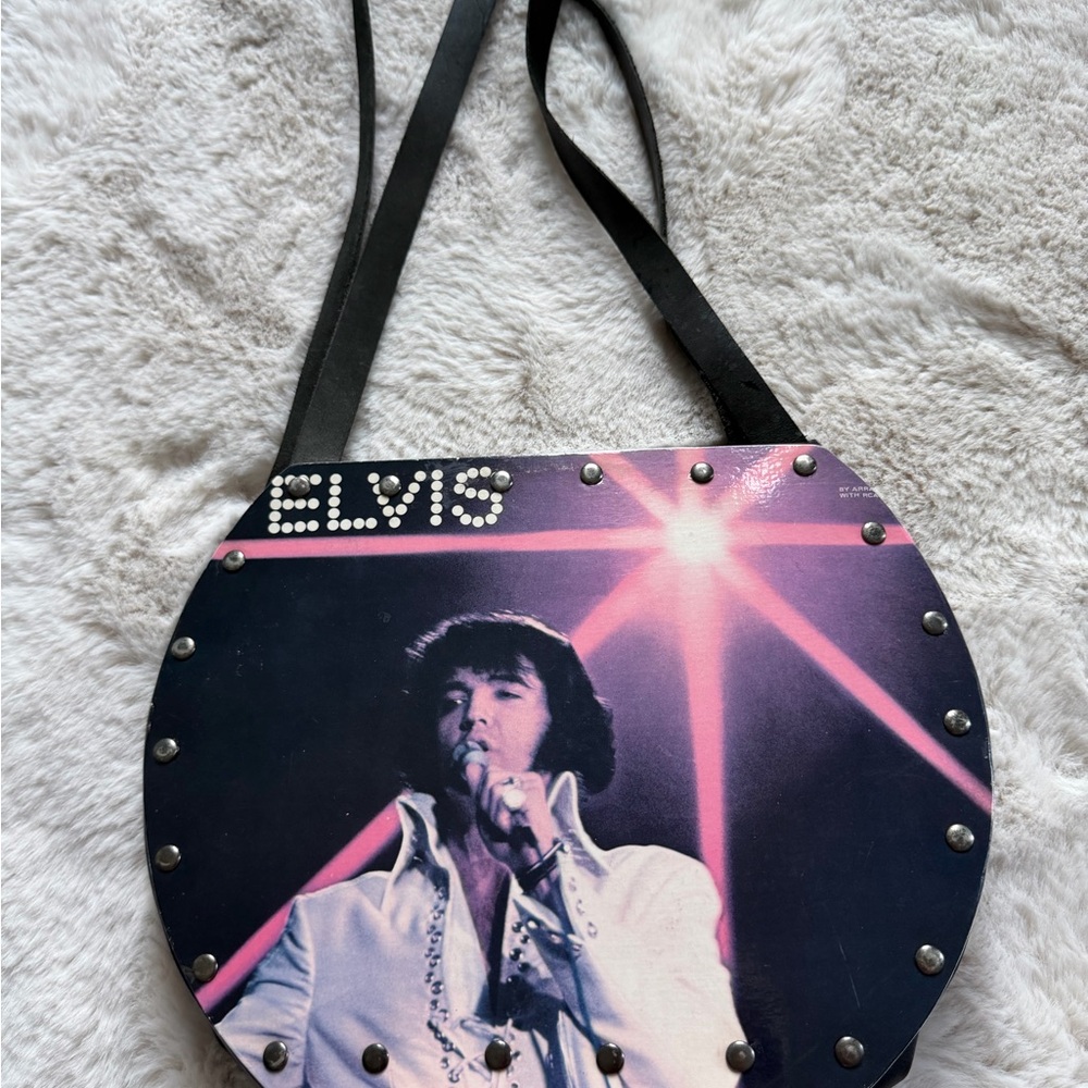 Vintage Elvis Round Shoulder Bag in Black and Purple with Stud Accents